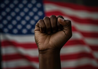 A black fist raised in front of the American flag, representing power and solidarity.