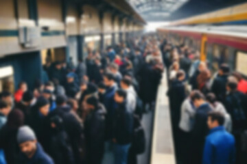 the atmosphere at the train station is blurry, people are queuing to get on the train in a crowded place, the background of the station is blurry
