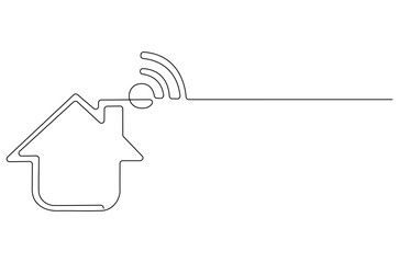 Continuous one line drawing of Smart home and Wifi. Single line drawing illustration of House Smart wireless icon. Digital Smart house system concept vector art. Doodle line illustration.