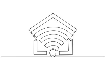 Continuous one line drawing of Smart home and Wifi. Single line drawing illustration of House Smart wireless icon. Digital Smart house system concept vector art. Doodle line illustration.