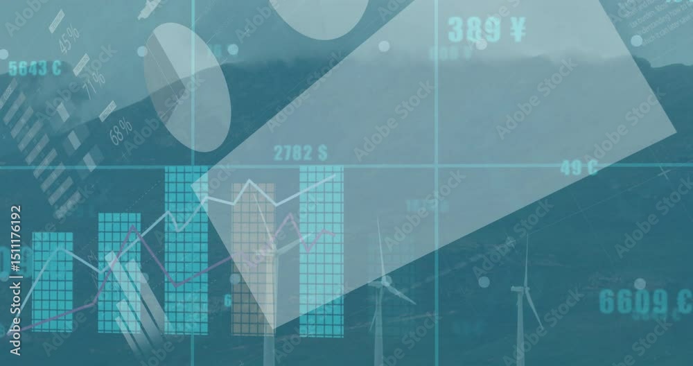 Poster upon grid overlay appearing modules animating over turbines updating charts showing energy trends