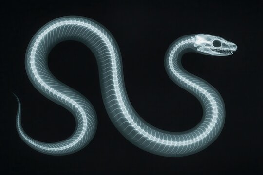 X ray image of snake skeleton showing vertebrae and skull