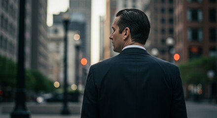 Photo of Man in Dark Suit Walking on City Street from Behind View
