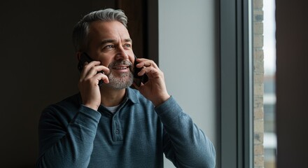 Photo of Man in Grey Hair Talking on Two Phones by a Window