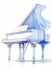 Grand piano with transparent blue theme against white background, anime art.
