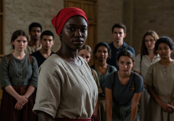 Fototapeta premium A powerful portrait of a woman in front of a diverse group, focused on her expression.