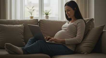 Photo of Pregnant Woman with Laptop on Sofa at Home Indoor