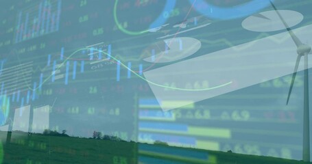 Financial graphics fading in animating market data to show trends, wind turbine rotating - Powered by Adobe