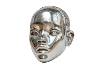 PNG Metallic sculpture of african child's head with reflective surface