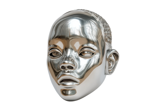 PNG Metallic sculpture of african child's head with reflective surface