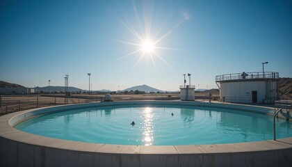 Obraz premium Sunny Day at Water Treatment Plant Clear Pool Tanks Desert Landscape