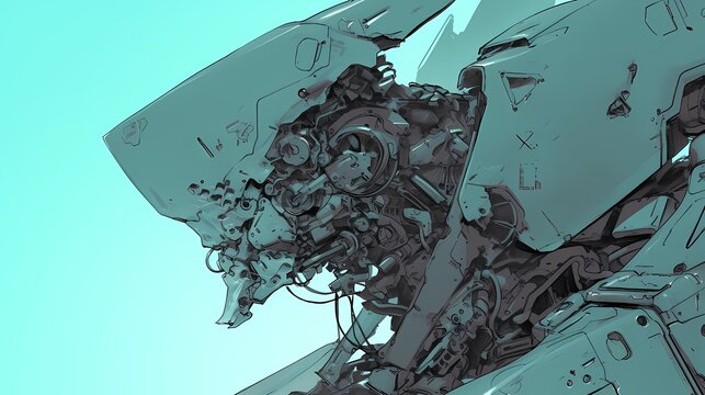 Detailed cyberpunk art giant mecha side view intricate machinery blue background
