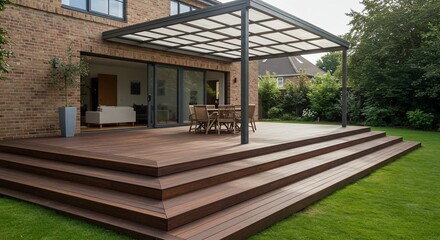 Wooden deck with pergola for outdoor living and relaxation in green backyard