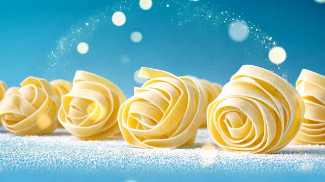 Festive Tagliatelle Pasta on Blue Background