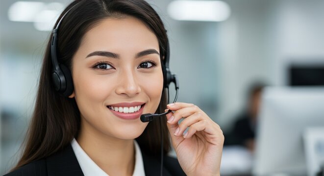 Photo of Smiling Woman Wearing Headset in Call Center Environment - Powered by Adobe