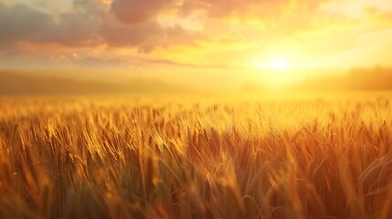 Obraz premium Sunset or sunrise over a wheat field with ears in the foreground