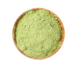 Superfood. Wheat grass powder in bowl isolated on white, top view