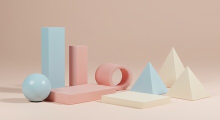 Fototapeta premium Pastel Geometric Shapes Abstract 3D Render of Cubes, Spheres, and Pyramids