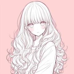 Anime illustration of young woman with wavy hair, soft blush, gentle expression on pink background