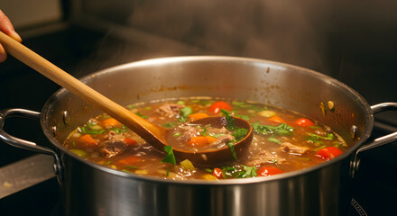 Homemade Soup Being Served From a Pot
