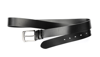 One black leather belt isolated on white