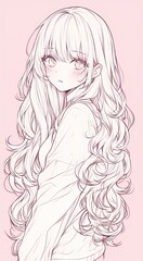 Gentle faced woman wavy hair soft blush looking at viewer white top pink background