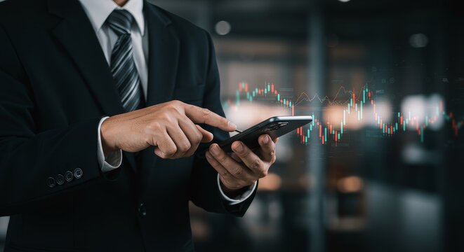 Business Photo of Man Analyzing Stock Chart on Mobile Device