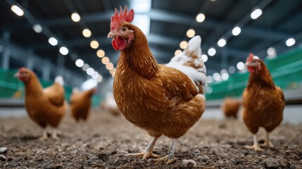 Brown and white chickens in modern farm