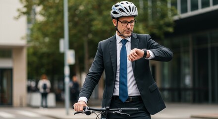 Businessman Commuting With Bicycle Wearing Helmet and Checking Watch