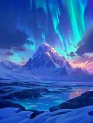 Anime landscape mountains night sky auroras