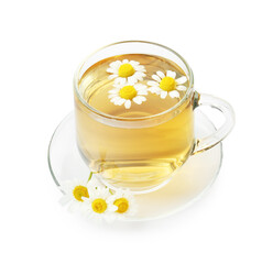 Delicious chamomile tea in glass cup and fresh flowers isolated on white