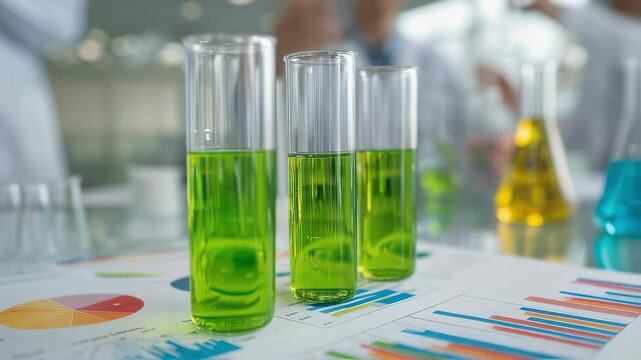 Laboratory technicians in lab coats examine samples of green methanol in glass vials, with colorful charts and graphs displayed in the background, suggesting scientific data analysis