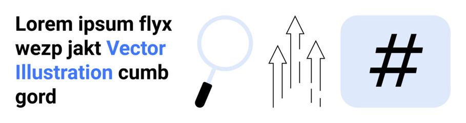 Magnifying glass, upward arrows, and metadata tag symbolize search, growth, and trends. Placeholder text emphasizes digital themes. Ideal for marketing, analytics, SEO social media and simple