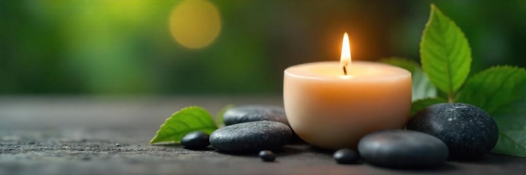 Luxury spa candle burning gently, emitting a calming aroma, surrounded by soothing stones and fresh green leaves Perfect for wellness, relaxation, and self-care imagery , zen, healthy