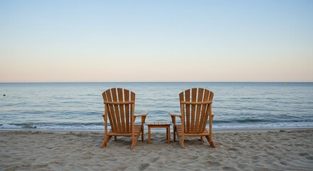 Fototapeta premium Tranquil Beach Scene Two Adirondack Chairs Facing the Ocean at Sunset a Serene Coastal View with Relaxing Vacation Atmosphere and Peaceful Escape in Paradise