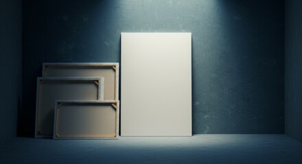 Canvas Mockup Poster Frame on Gray Wall at Gallery Interior Render