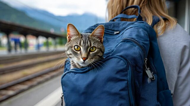 Curious cat peeking from backpack in train station with scenic mountain backdrop