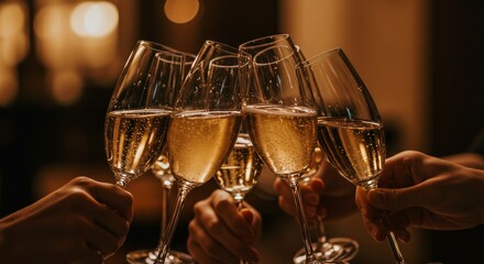 Champagne Glasses Toasting in Golden Light Cheers Celebration Time