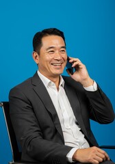 Portrait Asian Businessman Talking on Phone with Blue Background