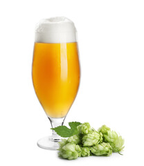 Fresh beer in glass and hop flowers on white background