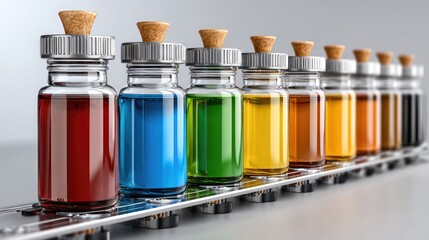 Colored liquid bottles on metal rack