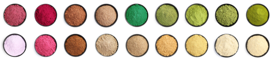 Different superfood powders in bowls on white background, set. Top view