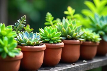 Vibrant succulents and herbs thrive in charming handmade terracotta pots, nestled amongst lush green foliage, creating a beautiful outdoor garden scene , detail, landscape, plants