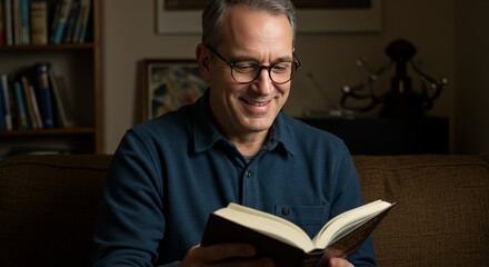 Portrait Of A Man Reading A Book On Couch At Home Indoors