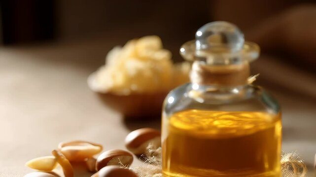 Golden elixir in glass bottle with nuts and shea butter for cosmetics or essential oils on soft fabric.