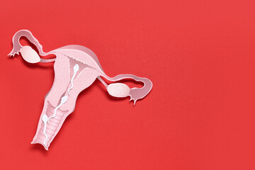 Paper female uterus and sperm cells on red background