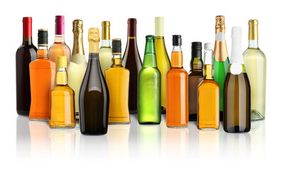 Bottles with different types of alcoholic drinks on white background, set