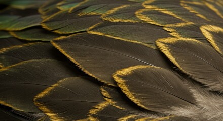 Close Up Macro Photo Of Detailed Gold Green Plumage Feather Texture