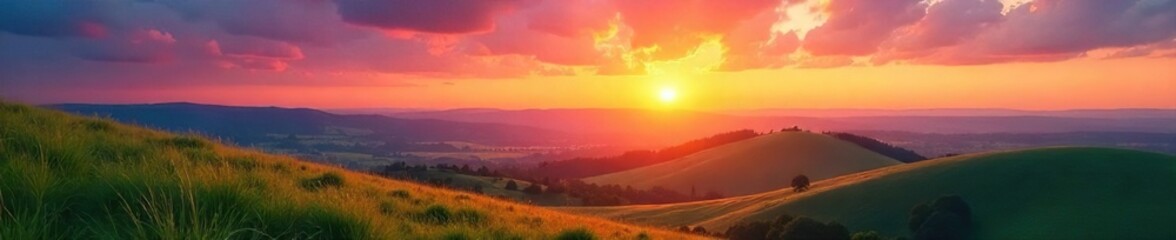 Obraz premium Serene landscape of rolling hills under a vibrant sunset sky, conveying a feeling of peace and tranquility Perfect for relaxation, wellness, and stress-free living themes , sunset, soothing, vibrant