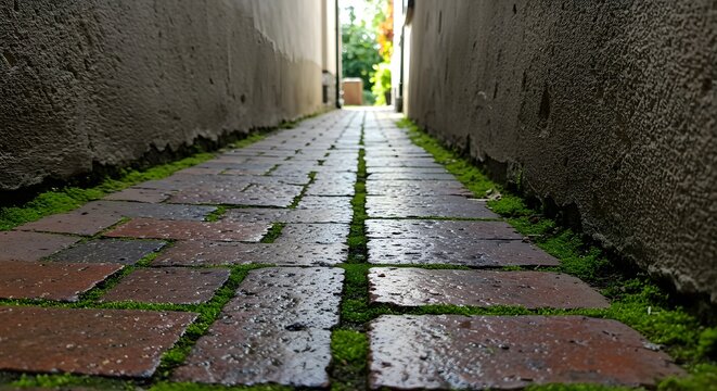 A Mossy Brick Pathway Leading to a Serene Garden Escape